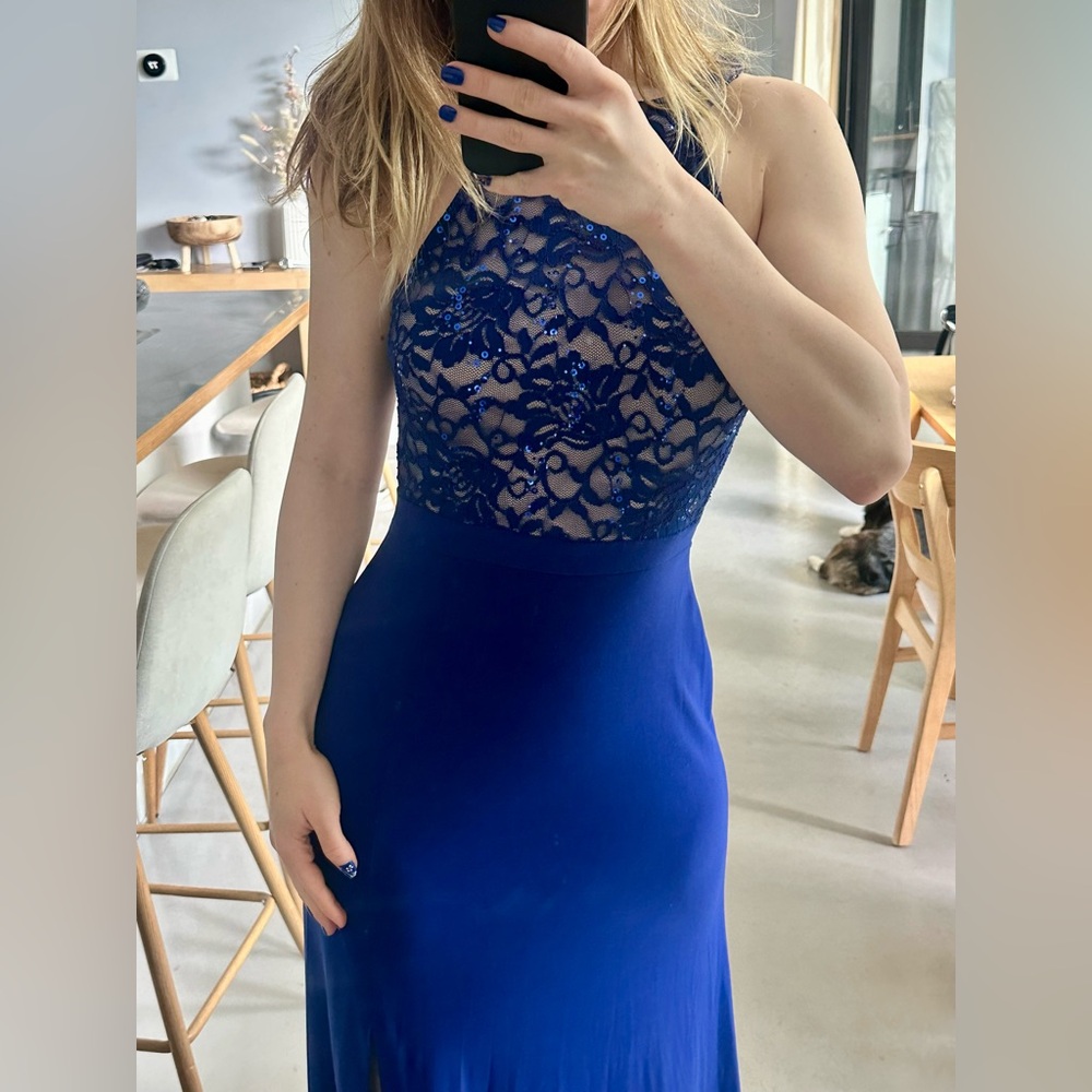 Night Way Collections Blue Tan Halter Sheath Dress